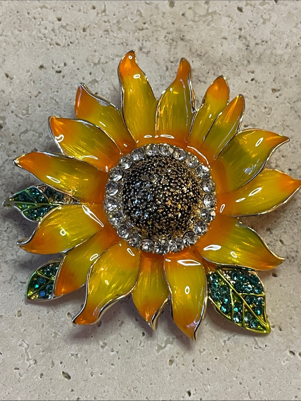 Saks Fifth Avenue Large Sunflower Brooch Crystal Floral Pin Garden Gift